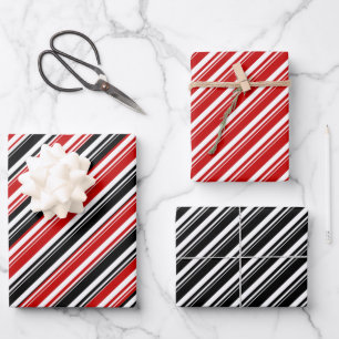 Red White Black Candy Cane Stripe Holiday Wrapping Paper Sheets