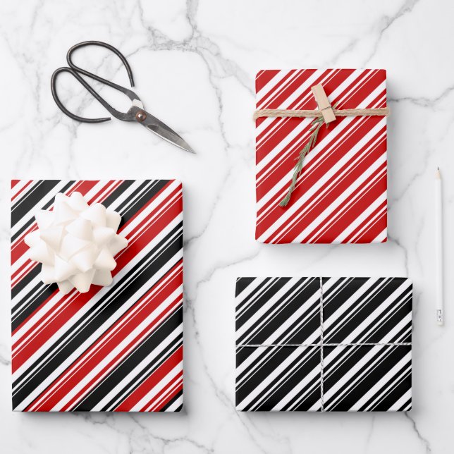Red White Black Candy Cane Stripe Holiday Wrapping Paper Sheets (Front)