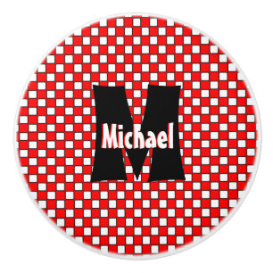 Red White Black Checkerboard Monogrammed Ceramic Knob