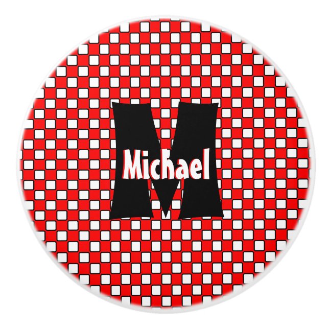 Red White Black Checkerboard Monogrammed Ceramic Knob (Front)