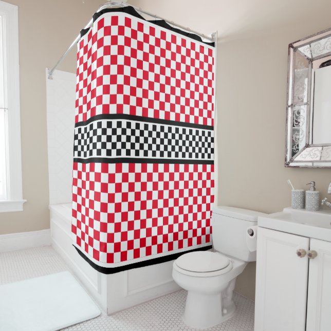 Red White Black Checkered Shower Curtain (In Situ)