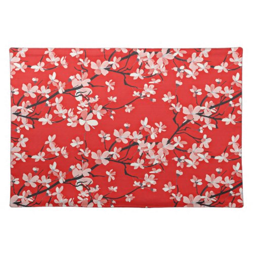 Red White  Black Cherry Blossom Floral Pattern Cloth Placemat