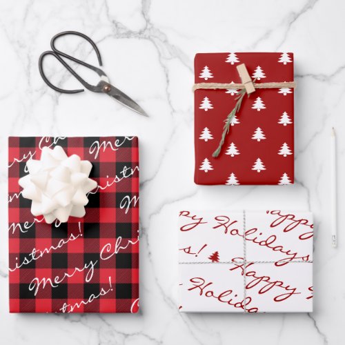 Red White Black Christmas Holidays Tree Buffalo Wrapping Paper Sheets