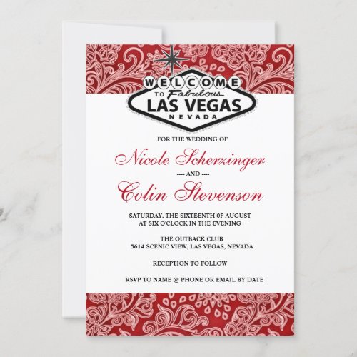 Red White Black Damask Elegant Las Vegas Wedding Invitation