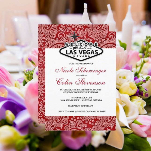 Red White Black Damask Elegant Las Vegas Wedding Invitation (Creator Uploaded)