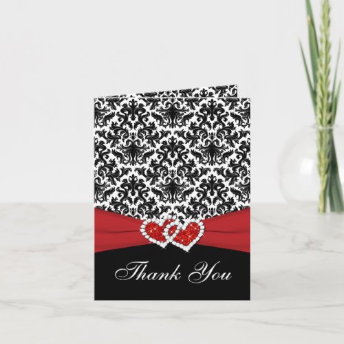 Red White Black Damask Hearts Thank You Card