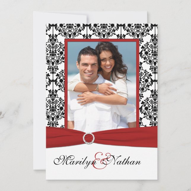 Red, White, & Black Damask II Photo Wedding Invite (Front)