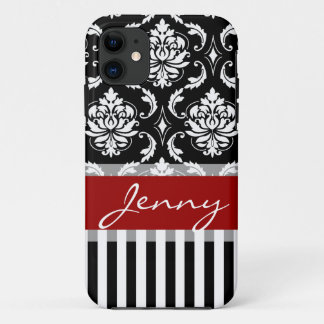 Red, White, Black Damask Stripes iPhone 11 Case