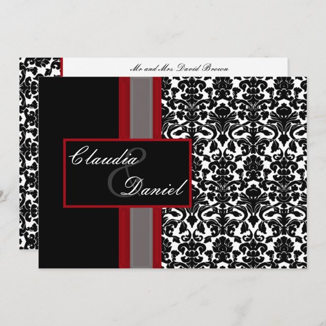 Red White Black Damask Wedding Invitations (Front/Back)