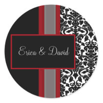 Red White Black Damask Wedding Invitations Classic Round Sticker