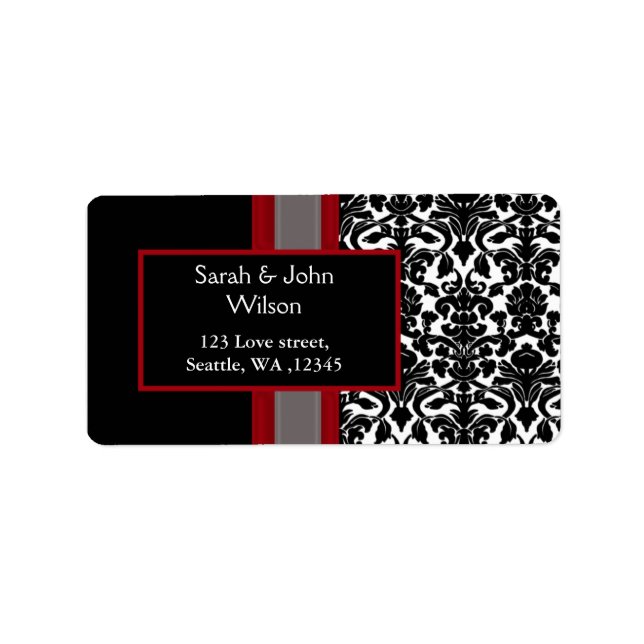 Red White Black Damask Wedding Invitations Label (Front)