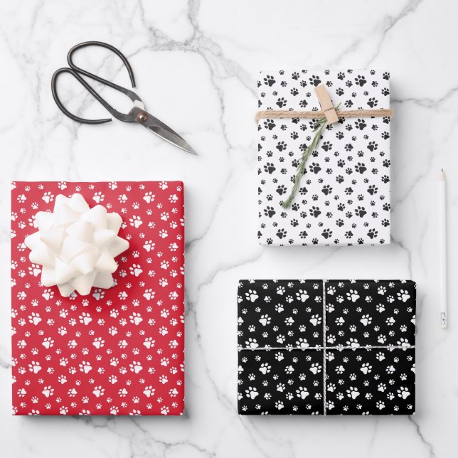 RED WHITE BLACK DOG CAT PET PAW PRINTS WRAPPING PAPER SHEETS (Front)