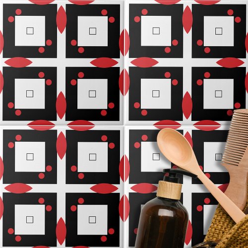 Red White Black Dots and Squares Geometric Pattern Ceramic Tile