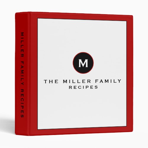 Red White  Black Family Recipe Monogram Medallion 3 Ring Binder