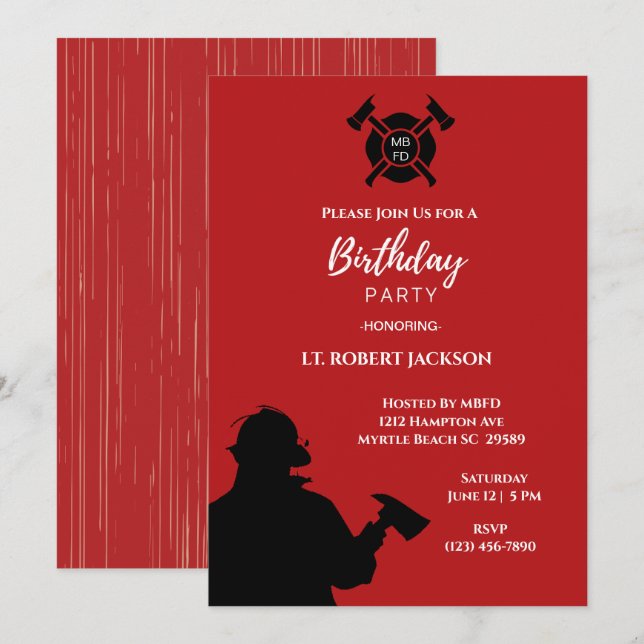 Red White Black Firefighters Birthday Party Invitation (Front/Back)