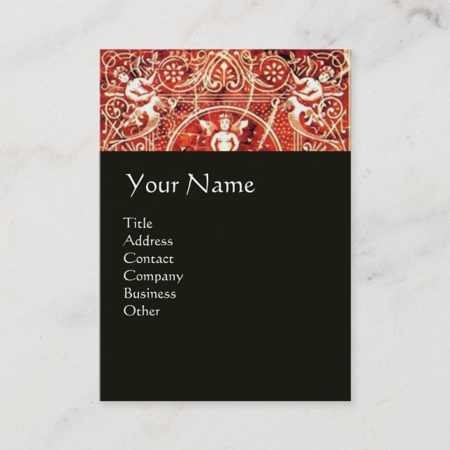 RED WHITE BLACK FLORAL SWIRLS AND ANGELS BUSINESS CARD (Front)