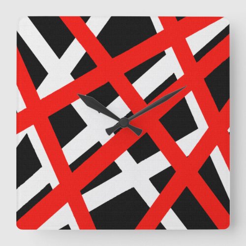 Red White Black Geometric Stripe Square Wall Clock