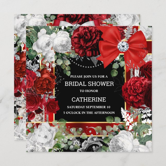 Red white black glitter bow diamond elegant chic invitation (Front/Back)