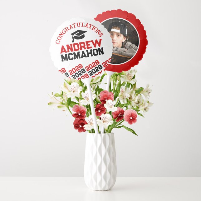 Red, White & Black Graduation Photo Centerpiece Balloon (Red, Black & White Photo Personalized Graduation Balloon Centerpieces)