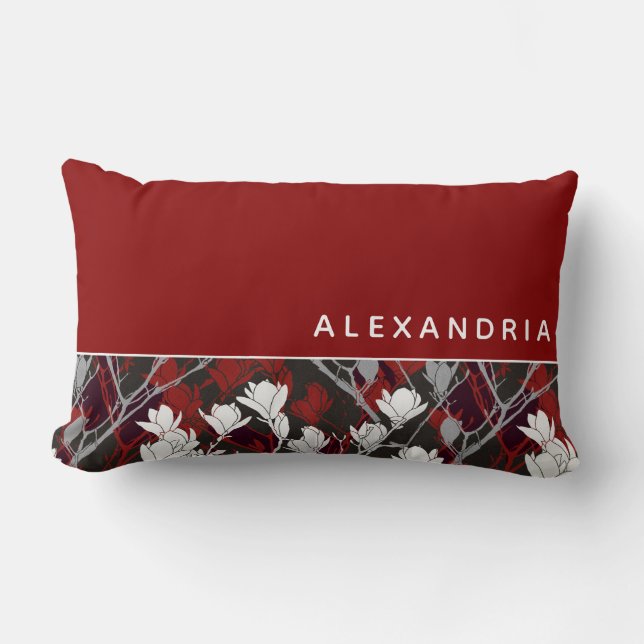Red White Black & Gray Floral | Name Keepsake Lumbar Pillow (Front)