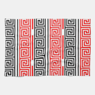 Red White Black Greek Key Fret Pattern Design  Kitchen Towel