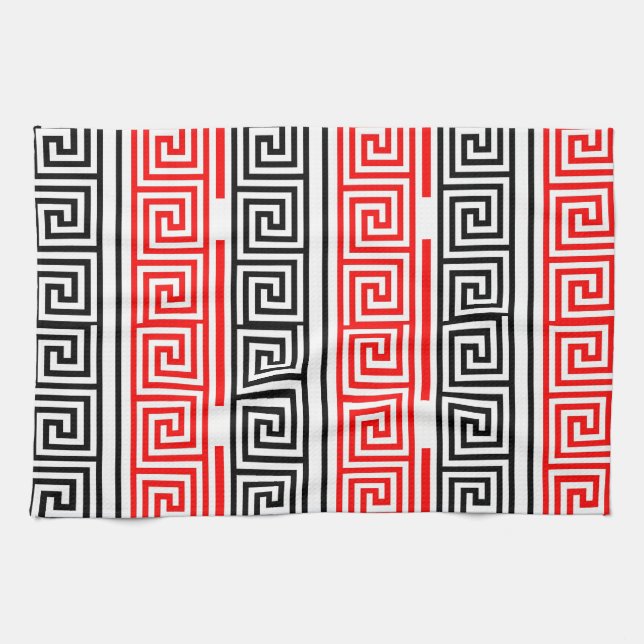 Red White Black Greek Key Fret Pattern Design  Kitchen Towel (Horizontal)