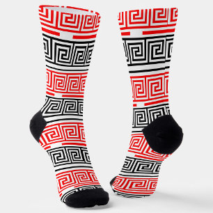 Red White Black Greek Key Fret Pattern Design  Socks