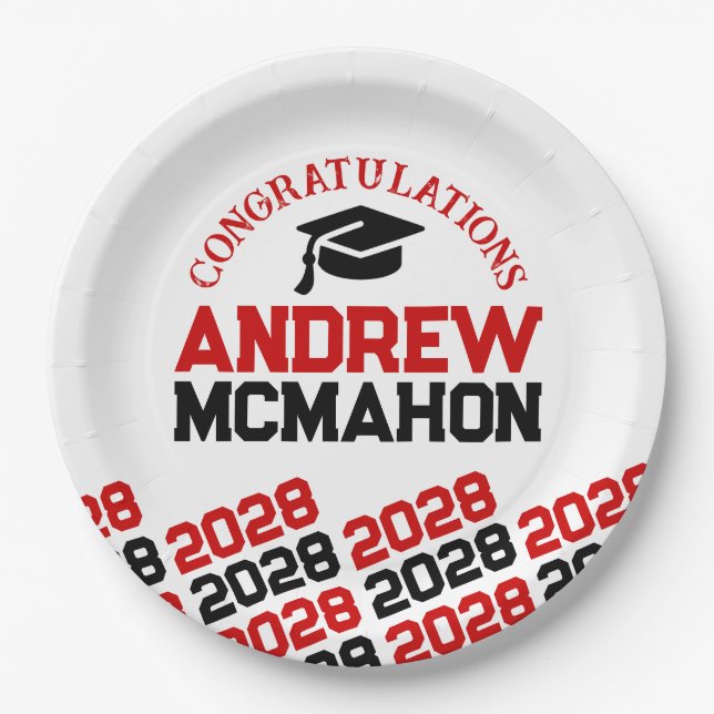 Red White Black Half Repeat Grad Personalized Paper Plates (Front)