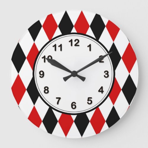 Red White Black Harlequin Diamond Pattern Large Clock