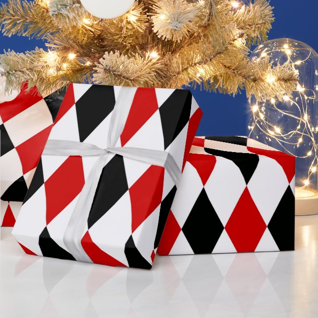 Red White Black Harlequin Diamond Pattern Wrapping Paper (Holidays)