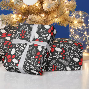 Red White Black Holly Berries Mistletoe Christmas  Wrapping Paper