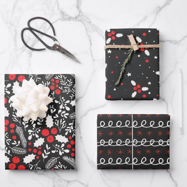 Red White Black Holly Berries Mistletoe Christmas Wrapping Paper Sheets (Front)