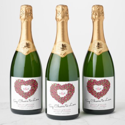 Red white black inked tulip heart bouquet wedding champagne label
