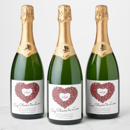 Red white black inked tulip heart bouquet wedding sparkling wine label