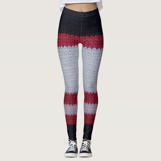 Red White Black: Knitted Woolen Fabric Pattern Leggings (Front)