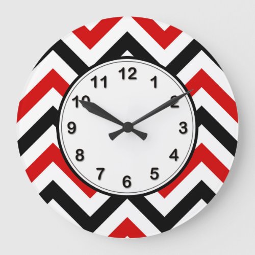 Red White Black Large Chevron ZigZag Pattern Large Clock