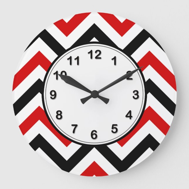 Red, White, Black Large Chevron ZigZag Pattern Large Clock (Front)