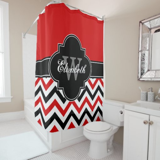 Red White Black Lg Chevron 1icbr Name Monogram Shower Curtain Zazzle