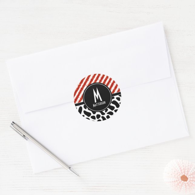Red White Black Pattern Monogram Custom  Classic Round Sticker (Envelope)