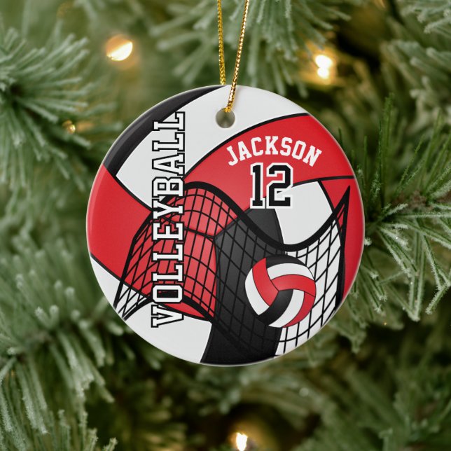 Red, White & Black Personalize Volleyball 🏐💖 Ceramic Ornament (Tree)