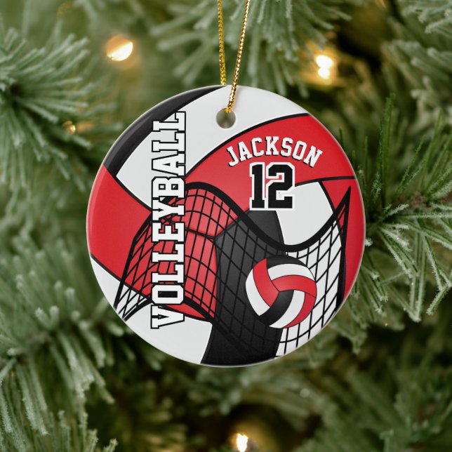 Red, White & Black Personalize Volleyball 🏐💖 Ceramic Ornament (Tree)