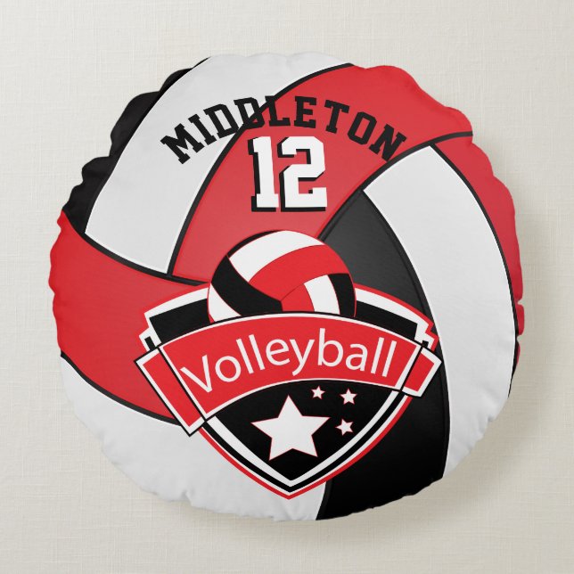 Red, White & Black Personalize Volleyball Round Pillow (Front)
