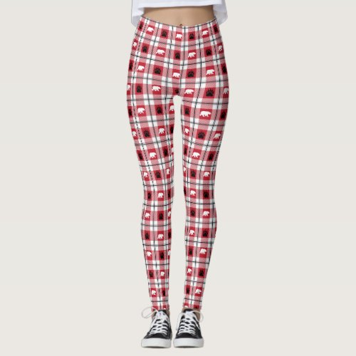 Red White  Black Plaid Bear Paw Flannel Leggings