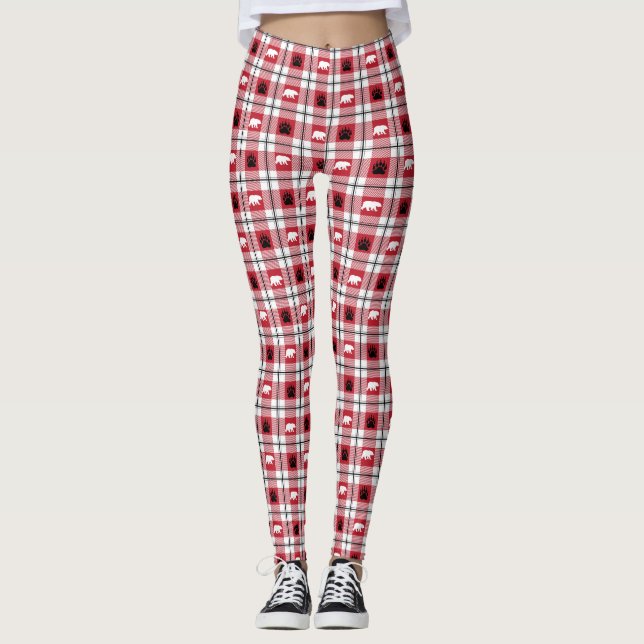 Red White & Black Plaid Bear Paw Flannel Leggings (Front)