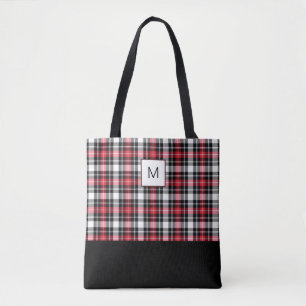Red White Black Plaid Monogram Tote Bag