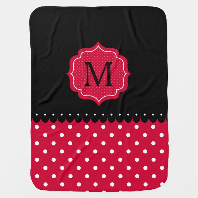 Red White Black Polka Dot Custom Monogram Design Baby Blanket (Front)
