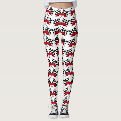 Red White Black Racing Flags Pattern Leggings