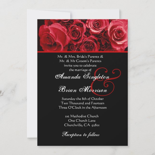 Red White Black Rose Bouquet Wedding Invitation (Front)