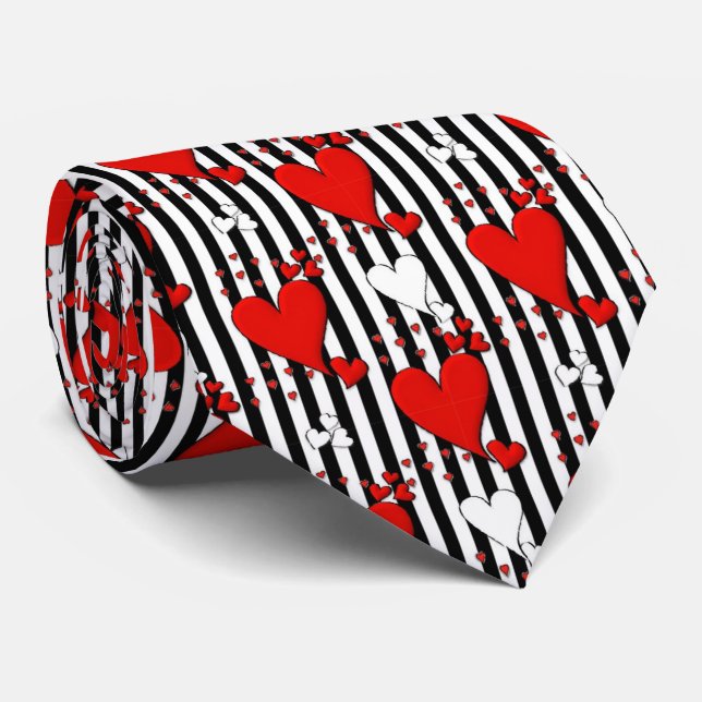 Red White Black Valentine Heart Men's Tie (Rolled)