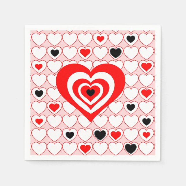 Red, White, Black Valentine Hearts Paper Plate Napkins (Front)